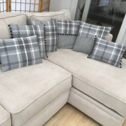Handmade Balmoral Tartan Plaid Pillow Cover Dove Grey Tweed With Pompoms - thumbnail 2