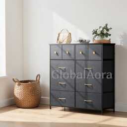 Kids Dresser Chest Of Drawers Fabric Storage Bedroom Closet Clothes Organizer Cabinet Children Room Furniture Black Grey