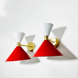 Mid Century Italian Diabolo Wall Sconce Pair Red & White Lighting Decor - thumbnail 3