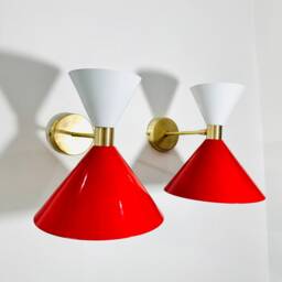 Mid Century Italian Diabolo Wall Sconce Pair Red & White Lighting Decor - thumbnail 2
