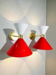 Mid Century Italian Diabolo Wall Sconce Pair Red & White Lighting Decor