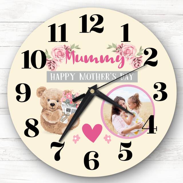 Mummy Mother's Day Gift Bear Photo Yellow Personalised Clock - image 1