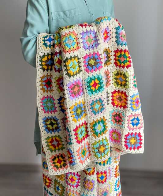 Crochet Granny Square Cream Based Blanket, Colorful Cotton Throw, Retro Style Afghan - image 1