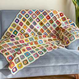 Crochet Granny Square Cream Based Blanket, Colorful Cotton Throw, Retro Style Afghan - thumbnail 2