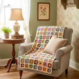 Crochet Granny Square Cream Based Blanket, Colorful Cotton Throw, Retro Style Afghan - thumbnail 3