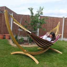 Maroon Red Yellow Stripe Swing Hammock With Spruce Wood Stand, Garden Patio Hanging Bed - thumbnail 2
