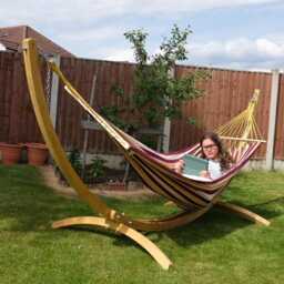 Maroon Red Yellow Stripe Swing Hammock With Spruce Wood Stand, Garden Patio Hanging Bed - thumbnail 3