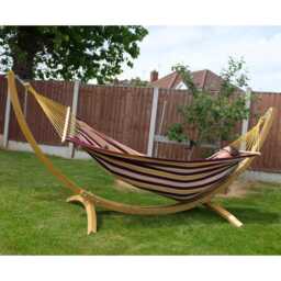 Maroon Red Yellow Stripe Swing Hammock With Spruce Wood Stand, Garden Patio Hanging Bed