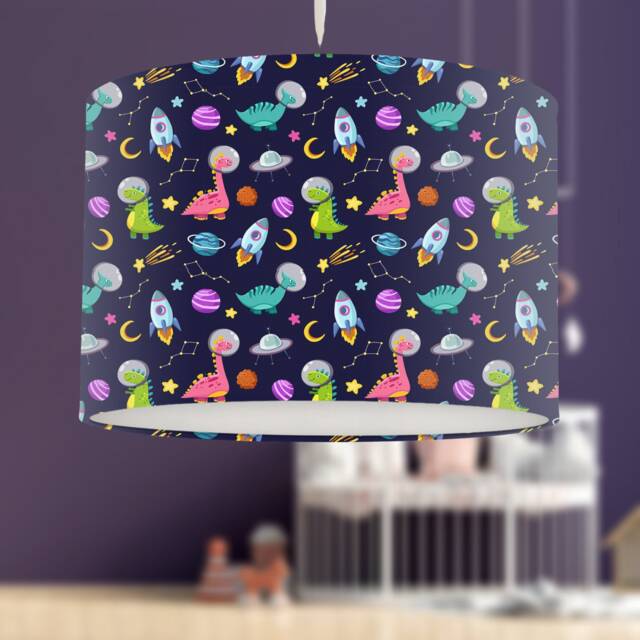 Space Dinosaurs Lampshade, Dark Blue, Nursery Children's Bedroom, Drum Ceiling Lamp Light Shade - image 1