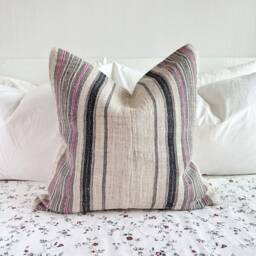 Rustic Hemp Pillow Cover Vintage Handwoven Stripes, Hmong Textile - 20 - thumbnail 1