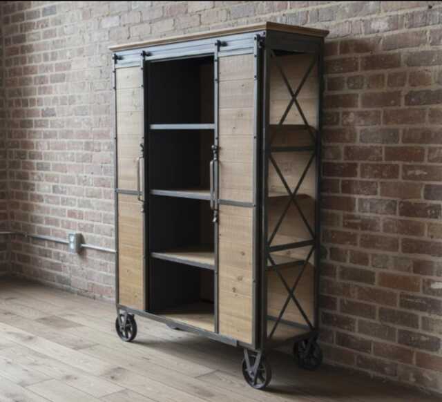Industrial Storage Cabinet On Wheels - Rustic Wood & Metal Sliding Doors Drinks -Display Cupboard Vintage Furniture H138cm - image 1
