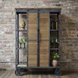 Industrial Storage Cabinet On Wheels - Rustic Wood & Metal Sliding Doors Drinks -Display Cupboard Vintage Furniture H138cm - thumbnail 2
