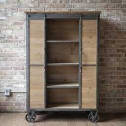 Industrial Storage Cabinet On Wheels - Rustic Wood & Metal Sliding Doors Drinks -Display Cupboard Vintage Furniture H138cm - thumbnail 3