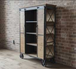 Industrial Storage Cabinet On Wheels - Rustic Wood & Metal Sliding Doors Drinks -Display Cupboard Vintage Furniture H138cm - thumbnail 1