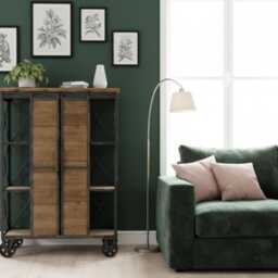 Industrial Storage Cabinet On Wheels - Rustic Wood & Metal Sliding Doors Drinks -Display Cupboard Vintage Furniture H138cm - thumbnail 4