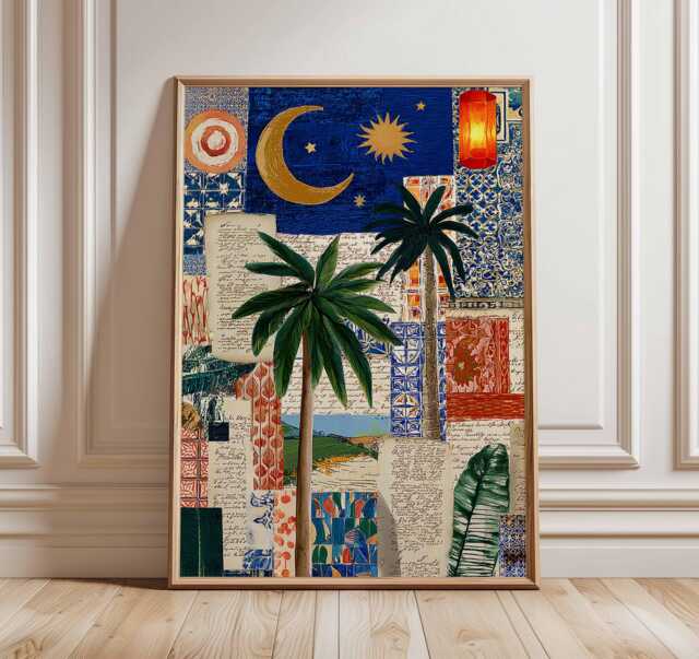 Tropical Palm Collage Art Print, Boho Wall With Moons & Stars, Mediterranean Coastal Poster, Warm Eclectic Home Decor - image 1