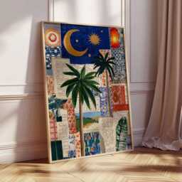 Tropical Palm Collage Art Print, Boho Wall With Moons & Stars, Mediterranean Coastal Poster, Warm Eclectic Home Decor - thumbnail 2