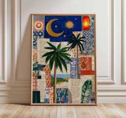 Tropical Palm Collage Art Print, Boho Wall With Moons & Stars, Mediterranean Coastal Poster, Warm Eclectic Home Decor - thumbnail 1