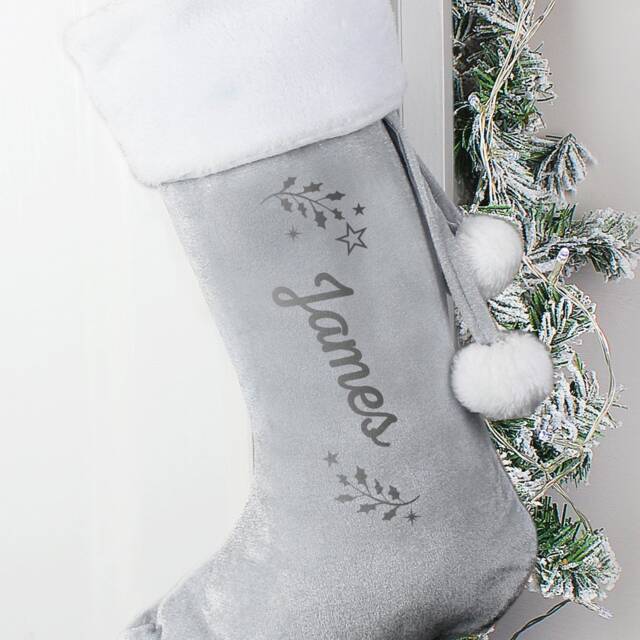 Personalised Grey Holly Stocking With Name Customisation Christmas Velvet For Fireplace Decor - image 1