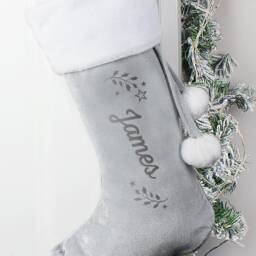 Personalised Grey Holly Stocking With Name Customisation Christmas Velvet For Fireplace Decor - thumbnail 1