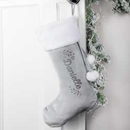 Personalised Grey Holly Stocking With Name Customisation Christmas Velvet For Fireplace Decor - thumbnail 2