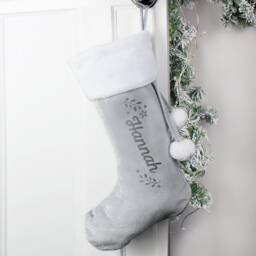 Personalised Grey Holly Stocking With Name Customisation Christmas Velvet For Fireplace Decor - thumbnail 3
