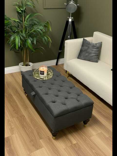 Charcoal Ottoman Footstool Pouffe, Chesterfield Tufted Coffee Table Bench, Wool Living Room Furniture - image 1