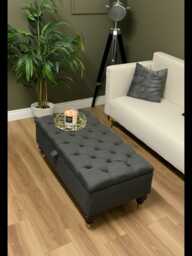 Charcoal Ottoman Footstool Pouffe, Chesterfield Tufted Coffee Table Bench, Wool Living Room Furniture