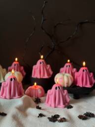 Pink Ghost Candle Handmade Soy Wax Halloween Decor - thumbnail 1