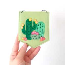 Wool Felt Cactus Wall Hanging, Embroidered Floral Banner, Plant Lady Gift, Green House Decor, Saguaro Ornament - thumbnail 2