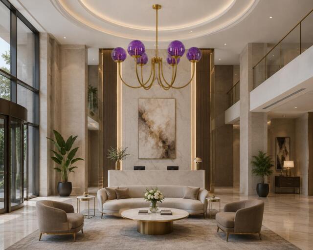 Purple Globe Castle Chandelier - Brushed Brass With Purple Glass Seeded White Pendant Light Medieval Lightings Mid Century - image 1