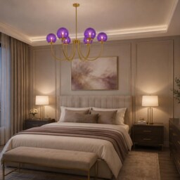Purple Globe Castle Chandelier - Brushed Brass With Purple Glass Seeded White Pendant Light Medieval Lightings Mid Century - thumbnail 4