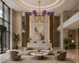 Purple Globe Castle Chandelier - Brushed Brass With Purple Glass Seeded White Pendant Light Medieval Lightings Mid Century - thumbnail 1