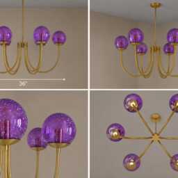 Purple Globe Castle Chandelier - Brushed Brass With Purple Glass Seeded White Pendant Light Medieval Lightings Mid Century - thumbnail 3