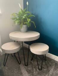 Three Round Chunky Rustic Nest Of Tables, Steel Hairpin Legs - Farmhouse Furniture Reclaimed Wood Industrial End Table Chic Decor