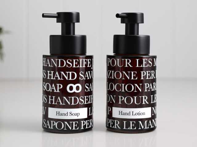 Amber Glass Soap & Lotion Dispenser Set 250Ml, Hand & Bottles With Text Wrap Labels, Modern Sink Styling - image 1