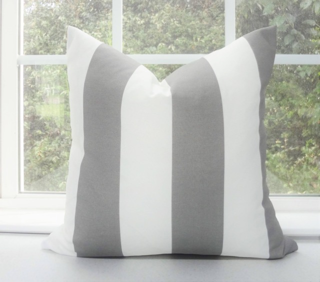 Gray & White Striped Outdoor Pillow Cover, Deck Patio Decor - image 1