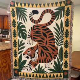 Woven Tiger Throw Blanket - Jungle Leaves & Botanical Border Mid-Century Modern Boho Tapestry Cozy Cotton Home Decor Wild Cat Animal - thumbnail 3