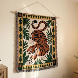 Woven Tiger Throw Blanket - Jungle Leaves & Botanical Border Mid-Century Modern Boho Tapestry Cozy Cotton Home Decor Wild Cat Animal - thumbnail 1
