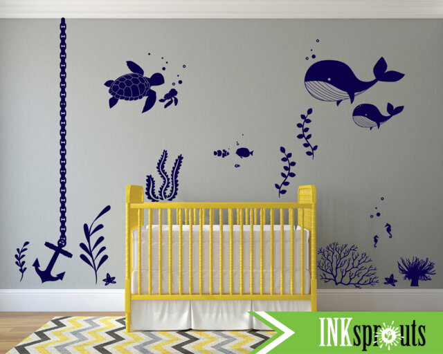 Under The Sea Room Decal 06, Ocean Theme Room, Whale Decal, Nursery Wall Stickers, Fish, Octopus, Modern Decor - image 1