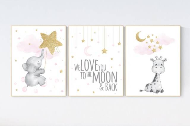 Giraffe & Elephant Nursery Art Pink & Gold Baby Girl Decor - image 1