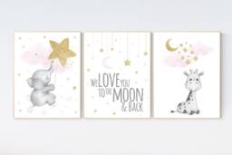 Giraffe & Elephant Nursery Art Pink & Gold Baby Girl Decor - thumbnail 1