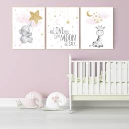 Giraffe & Elephant Nursery Art Pink & Gold Baby Girl Decor - thumbnail 2