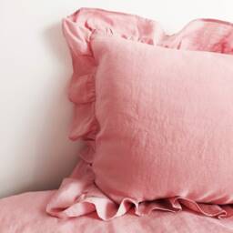 Linen Pillowcases With Ruffles, Linen Pillowcases, Pink Ecru Blue Linen, Ruffled Pillow Case - thumbnail 1