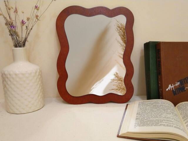 Asymmetrical Tabletop Mirror, Irregular Shape Table Mirror Trendy Design, Rectangular Wavy Wall Decor Mahogany Red - image 1