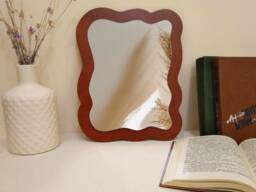 Asymmetrical Tabletop Mirror, Irregular Shape Table Mirror Trendy Design, Rectangular Wavy Wall Decor Mahogany Red