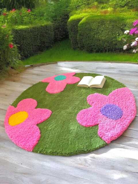 Round Rug With Floral Pattern. Green Meadow Rug. Special Gifts For Women. Hallway Rug, Green & Pink. Home Decor. Children's Room - image 1