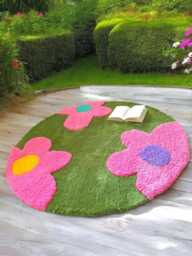 Round Rug With Floral Pattern. Green Meadow Rug. Special Gifts For Women. Hallway Rug, Green & Pink. Home Decor. Children's Room