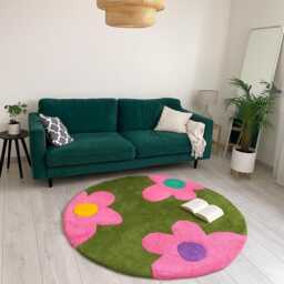 Round Rug With Floral Pattern. Green Meadow Rug. Special Gifts For Women. Hallway Rug, Green & Pink. Home Decor. Children's Room - thumbnail 2