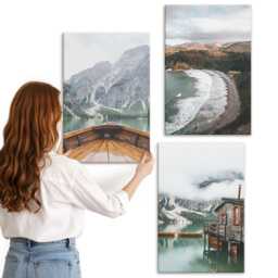 Canvas Set Of 3 - View The Mountains Over Lake With A Boat & Beach Landscape, Gray Wall Art, Landscapes Decor - thumbnail 1